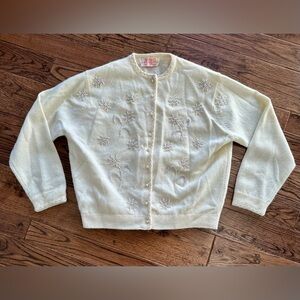 BEAUTIFUL 1950s Vintage Cream Beaded Cardigan Lambswool and Angora Rabbit Fur